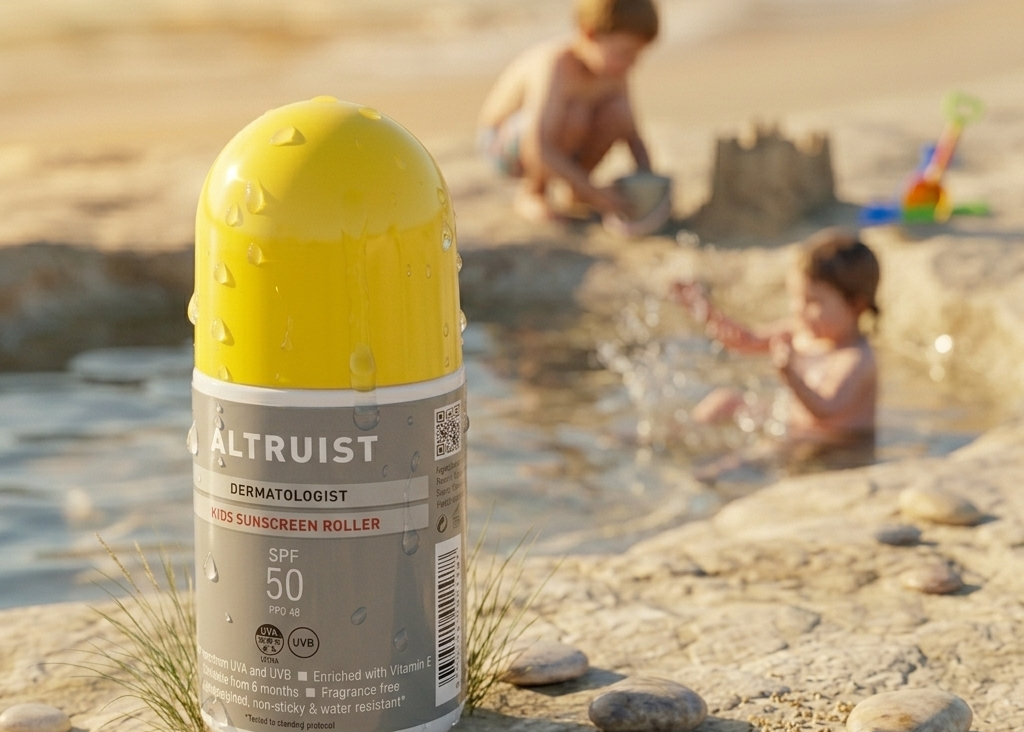 Altruist kids sunscreen roller on a beach with children playing in the background