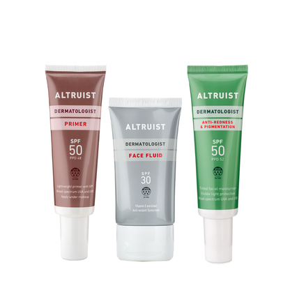 Three Altruiist dermatologist skincare tubes on a white background: a  Primer SPF 50 tube, a  Face Fluid SPF 30 tube, and a green Anti-Redness & Pigmentation SPF 50 tube.