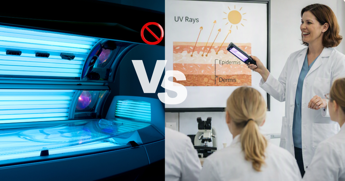 A split-screen comparison graphic. The left side shows a UV tanning bed with bright blue light under a red prohibition symbol.